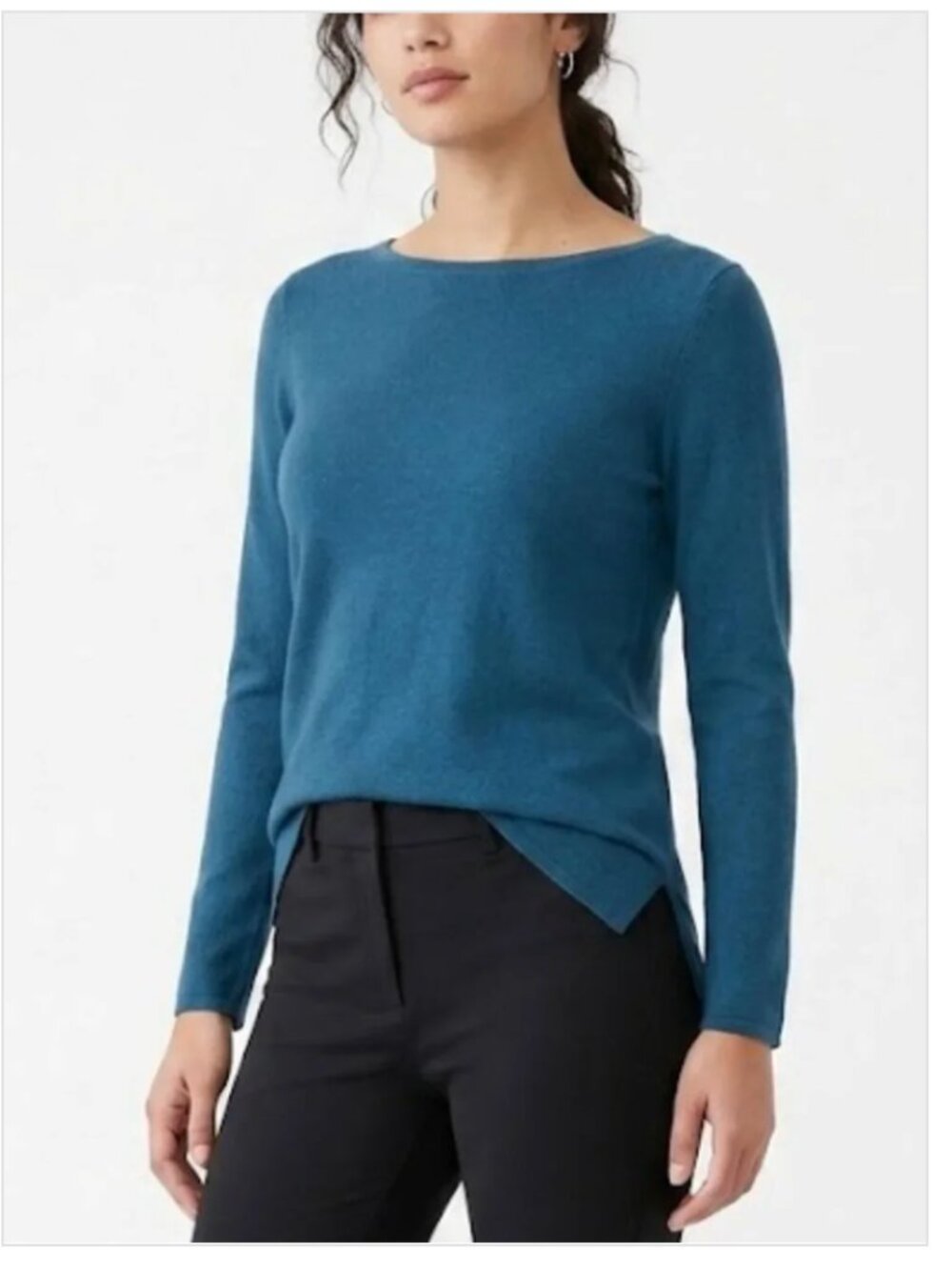 J Jill 100% Merino Wool Sweater L Tunic Teal Blue Minimalist Quiet Luxury Office